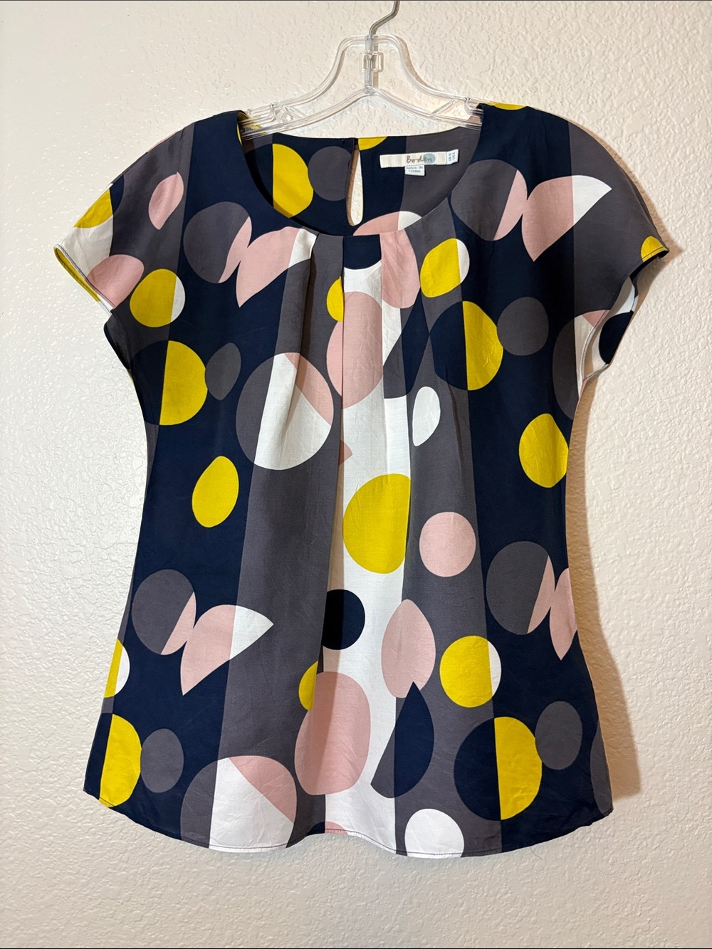 Boden Navy Blouse with Yellow, Pink and White Circle Print